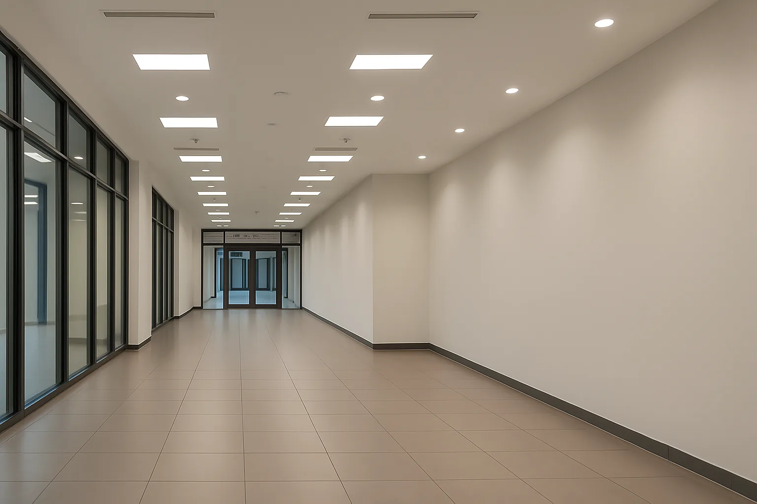 Bright, empty commercial office corridor with glass-walled suites in Central New Jersey