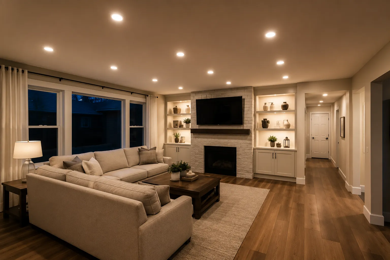 Recessed lighting installed across a first floor in Central New Jersey