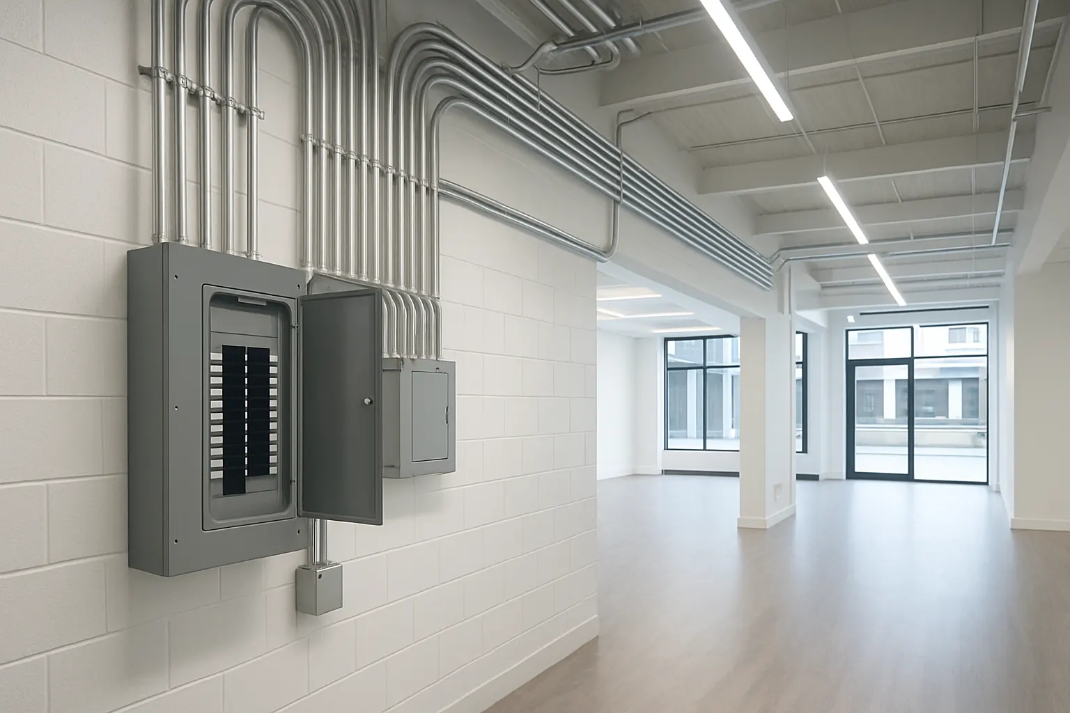 A commercial electrical fit-out with new conduit and panel work