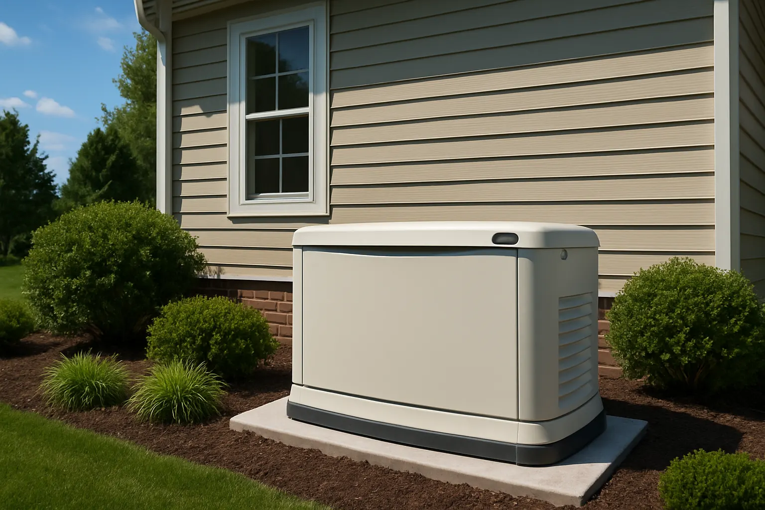 A standby home generator installed on a pad beside a New Jersey home